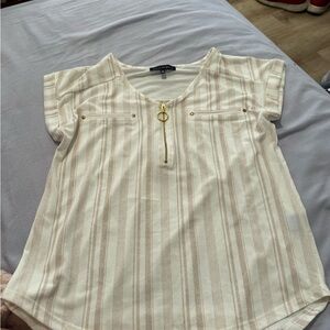 Chic Beige Striped Blouse with Gold Zipper